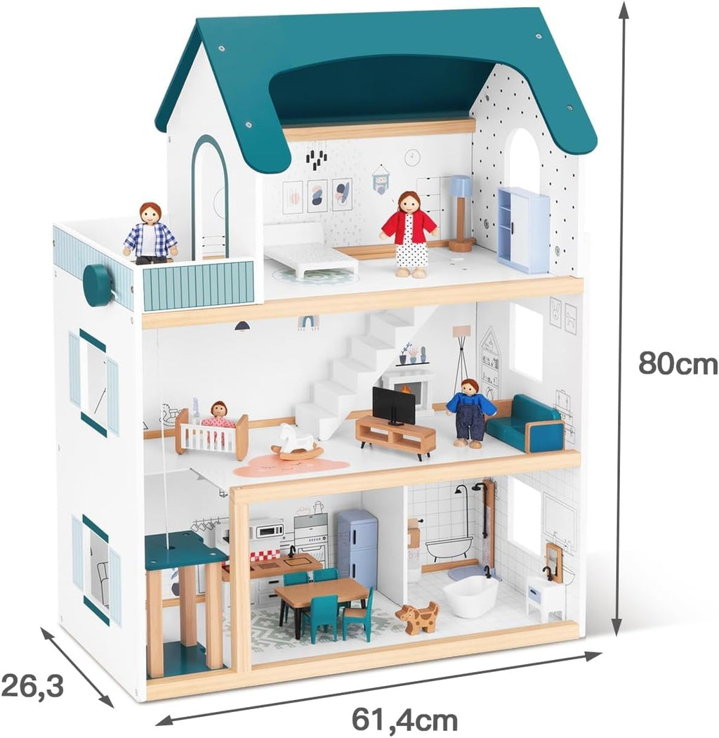 Wooden Doll House with Accessories DIY Large 3-Tier Pretend Play Toys with Elevators Toy for Kids