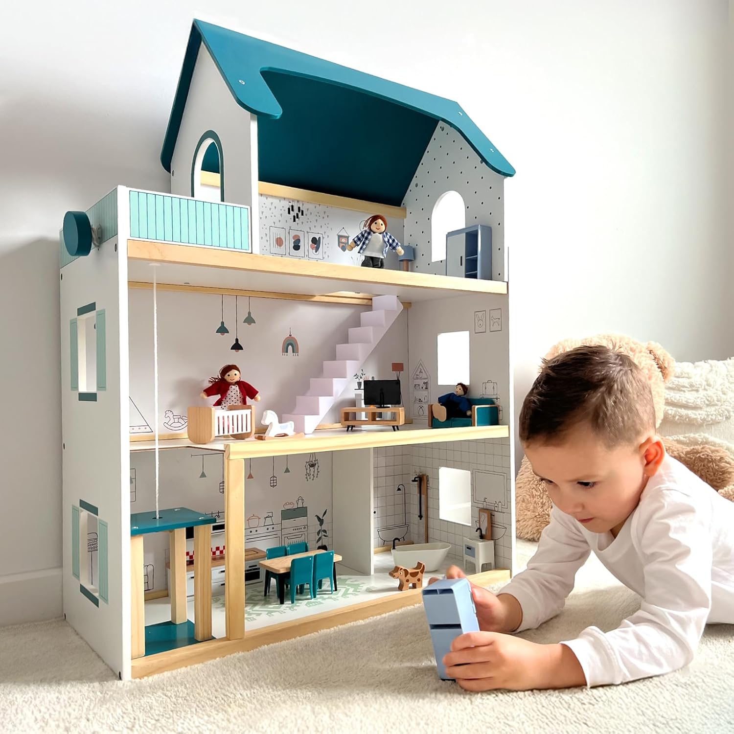 Wooden Doll House with Accessories DIY Large 3-Tier Pretend Play Toys with Elevators Toy for Kids