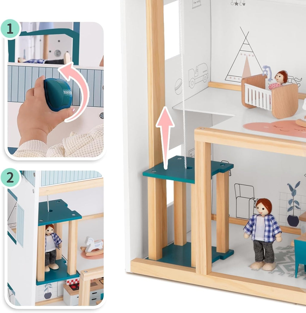 Wooden Doll House with Accessories DIY Large 3-Tier Pretend Play Toys with Elevators Toy for Kids