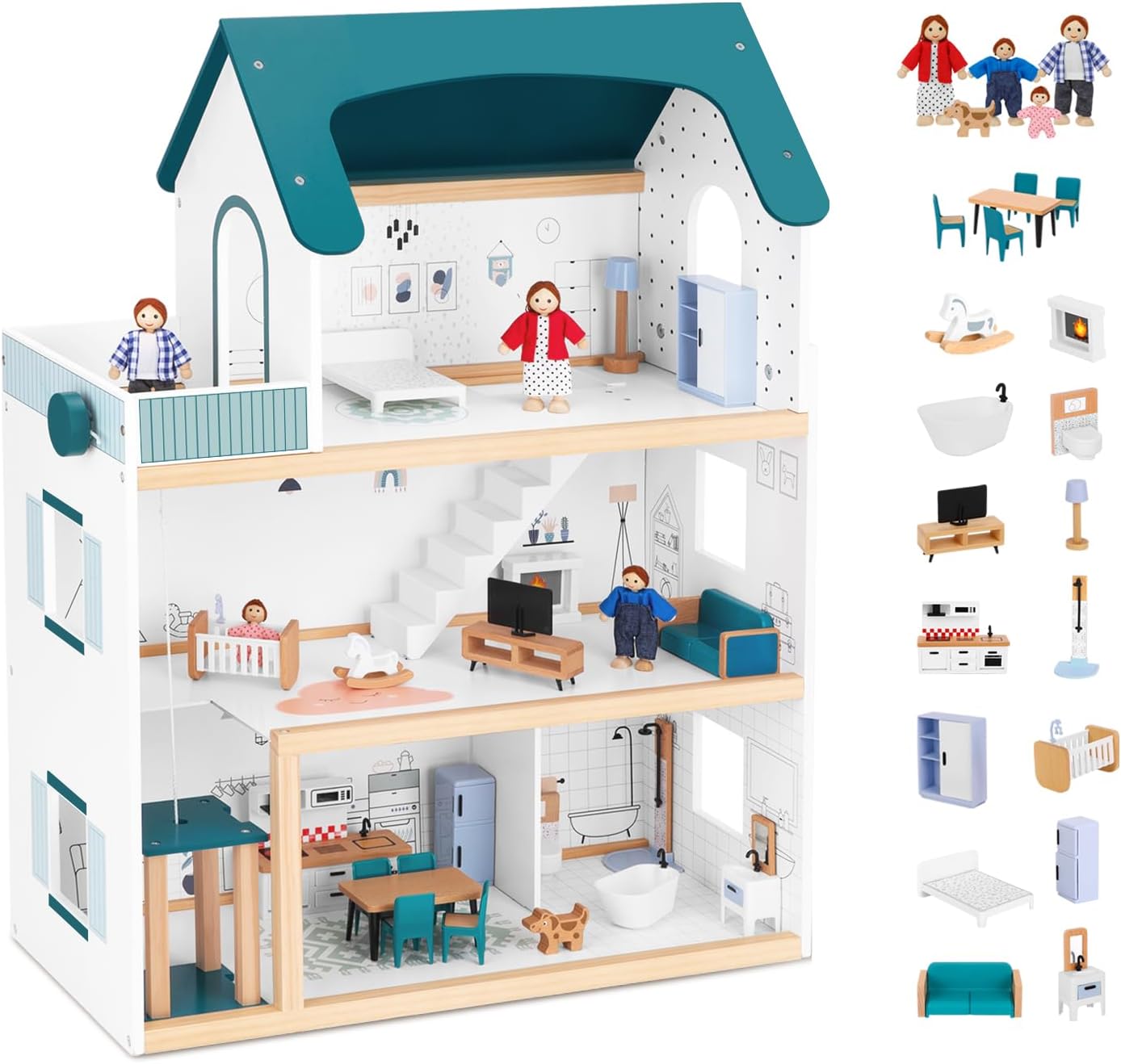 Wooden Doll House with Accessories DIY Large 3-Tier Pretend Play Toys with Elevators Toy for Kids