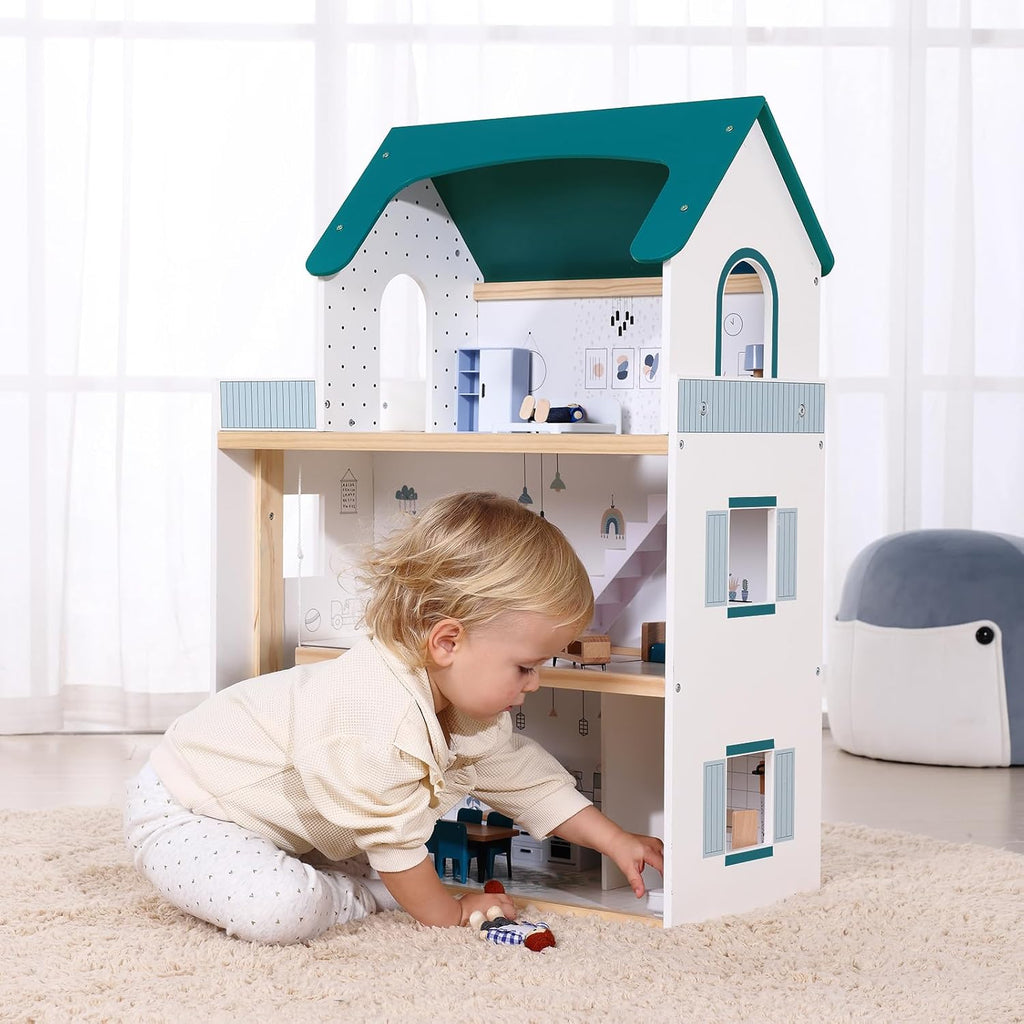 Wooden Doll House with Accessories DIY Large 3-Tier Pretend Play Toys with Elevators Toy for Kids