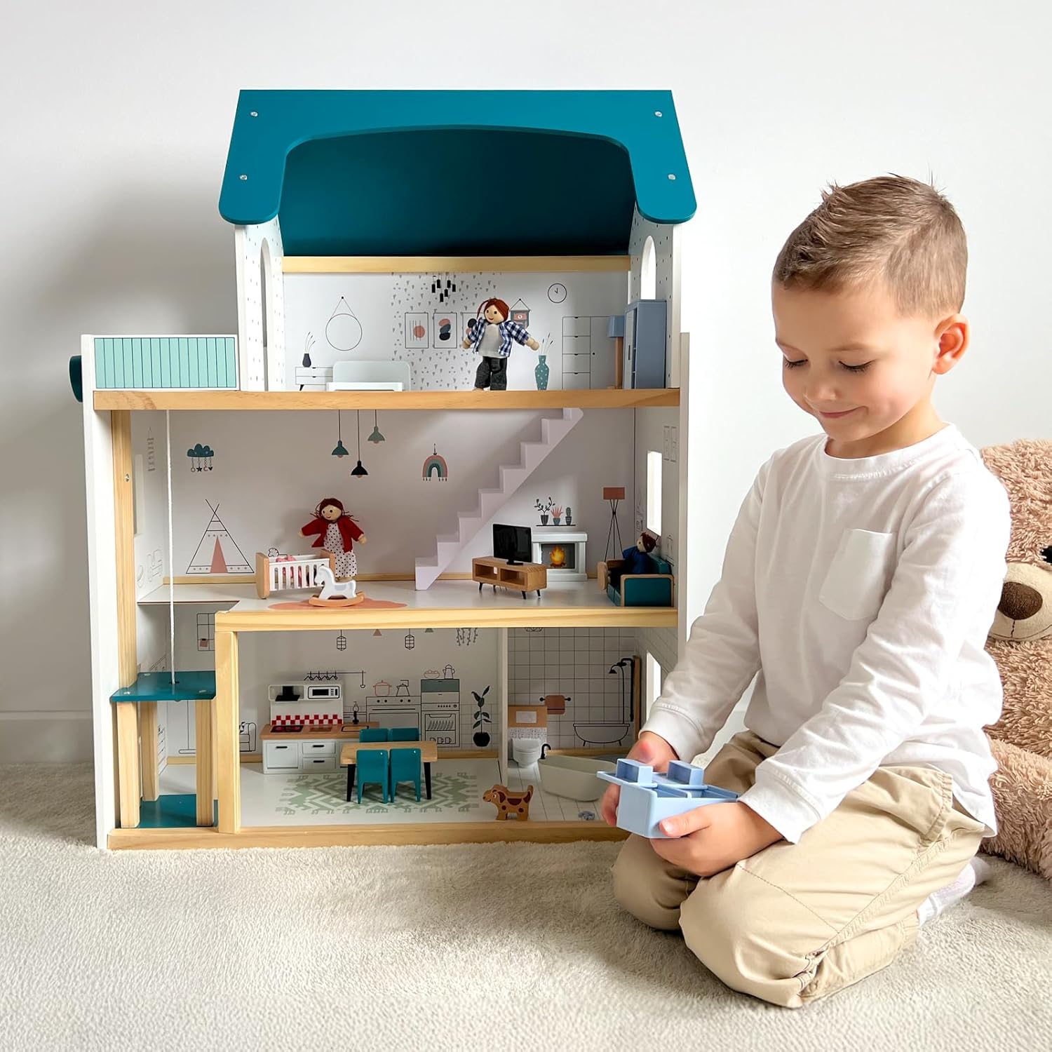 Wooden Doll House with Accessories DIY Large 3-Tier Pretend Play Toys with Elevators Toy for Kids