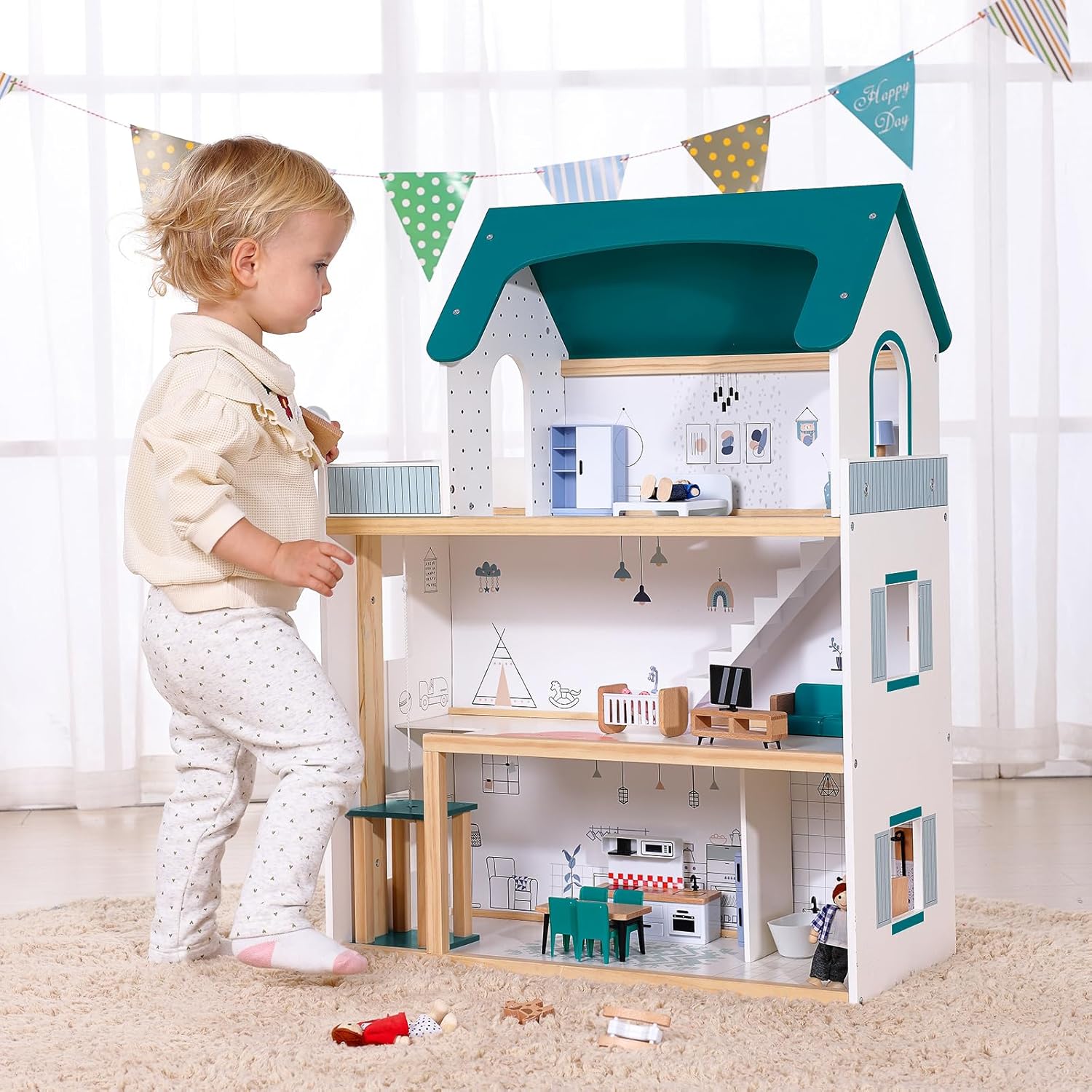 Wooden Doll House with Accessories DIY Large 3-Tier Pretend Play Toys with Elevators Toy for Kids