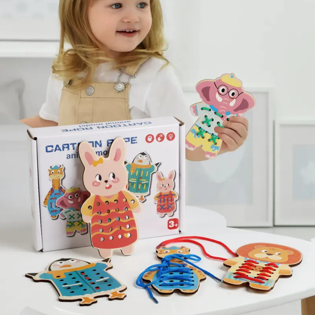 Toddler threading toy with wooden needle and red string for fine motor skills