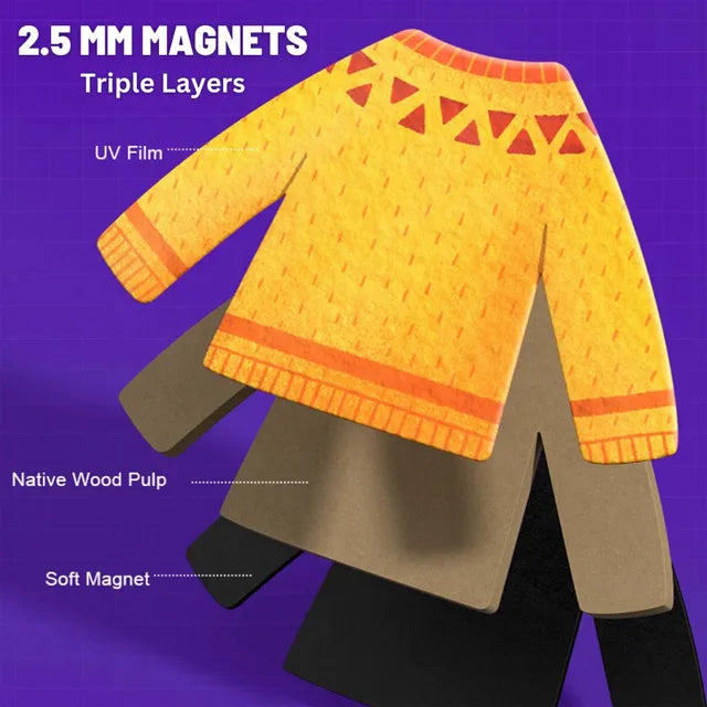 Assorted magnetic clothing pieces including dresses, hats, and shoes for mix-and-match play