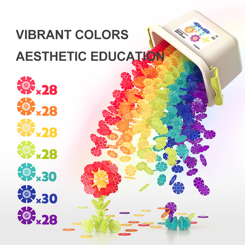 Brightly colored snowflake-shaped plastic connectors for 3D building and construction