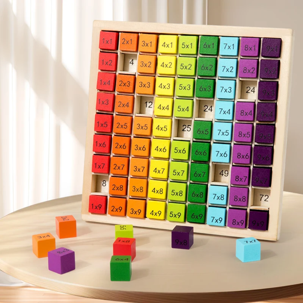 Double-sided wooden math blocks showing multiplication equations and answers – One Two Play