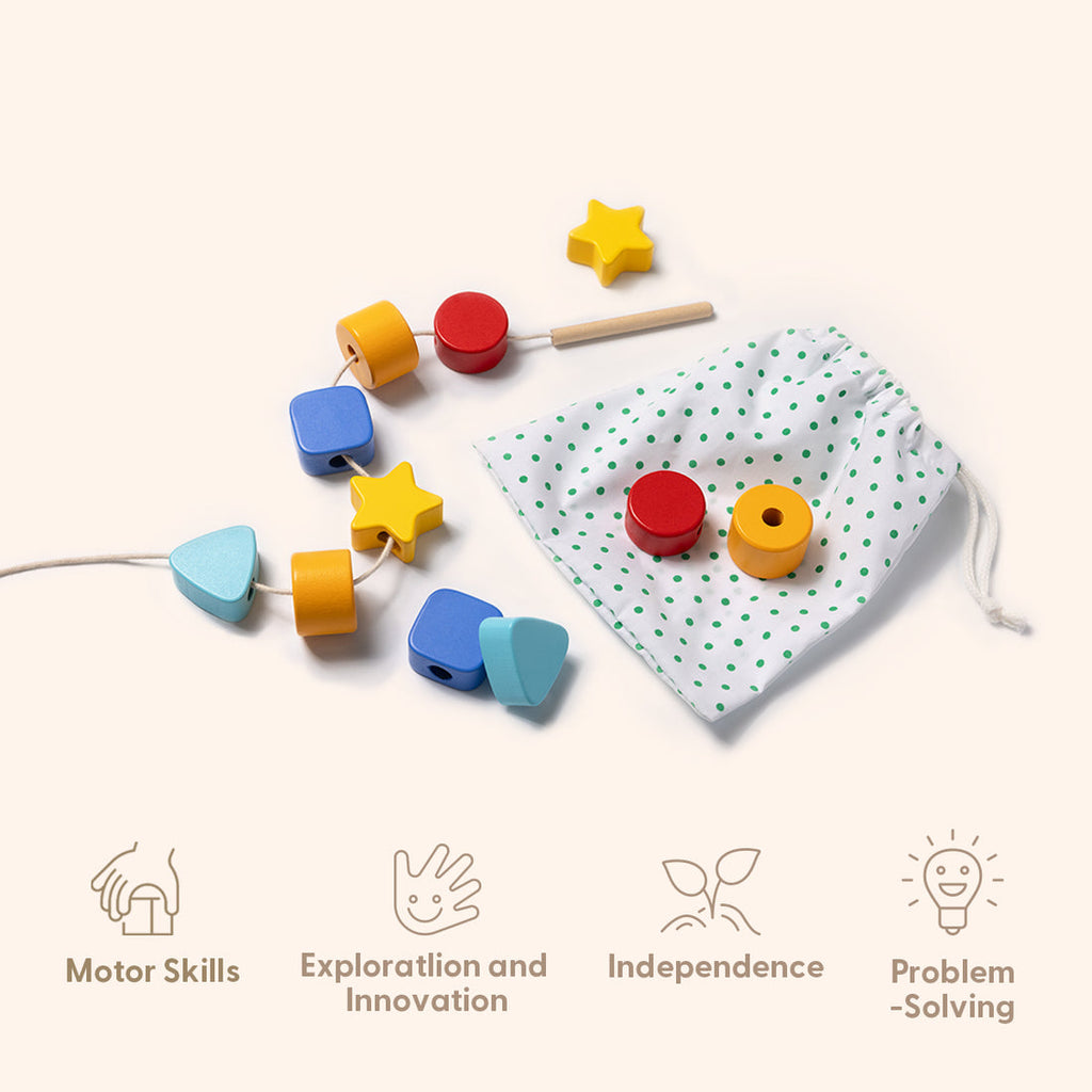 Wooden lacing and threading activity to improve hand-eye coordination for 2-year-olds